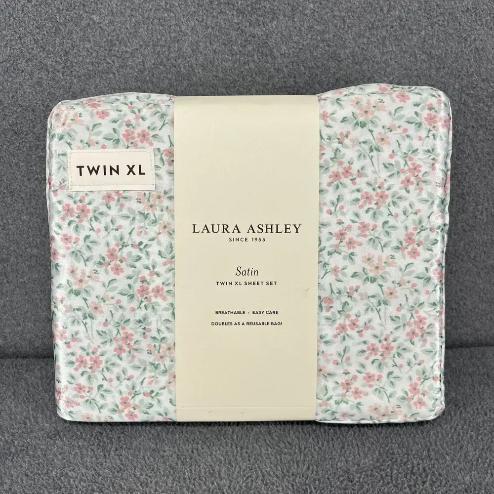 Laura Ashley Satin Sheet Set XL Twin Pink Green Floral Tierney cottage country